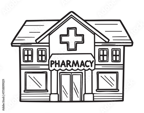 Black outline vector image of a small pharmacy building with a cross symbol and labeled awning, featuring multiple windows and a triangular roof design.