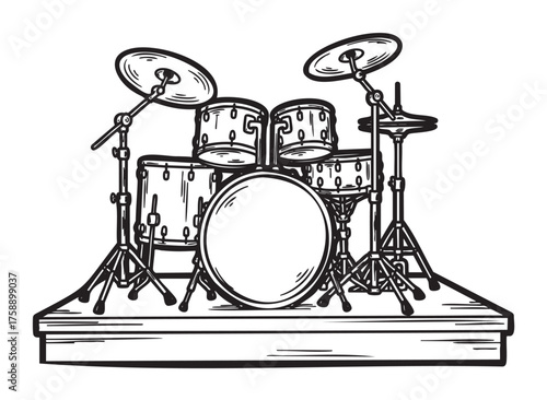 Black outline drawing of a complete drum kit featuring a bass drum, toms, cymbals, and a snare on a stage.