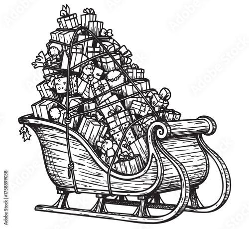 Black and white drawing of a christmas sleigh overloaded with many wrapped gifts and smiling elves sitting among the presents.