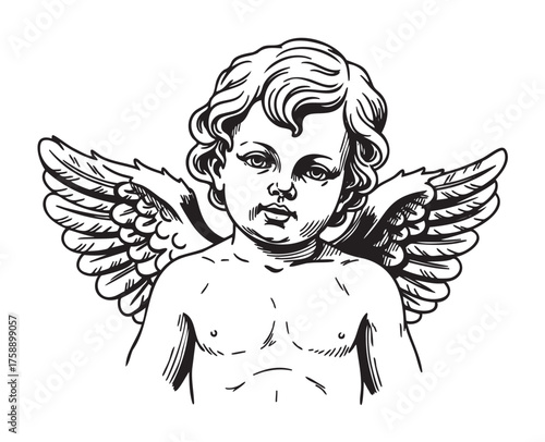 Black and white line art of a cherubic angel with detailed wings, curly hair, and facial features, conveying a sense of innocence and serenity.