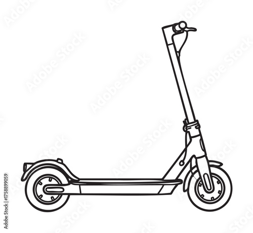 Black outline vector icon of a simple kick scooter with two wheels and a vertical handlebar. minimal linear illustration for transport and mobility concepts.