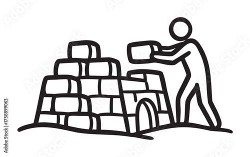 Simple black outline drawing of a person building an igloo with stacked ice blocks, showing a basic winter structure concept.