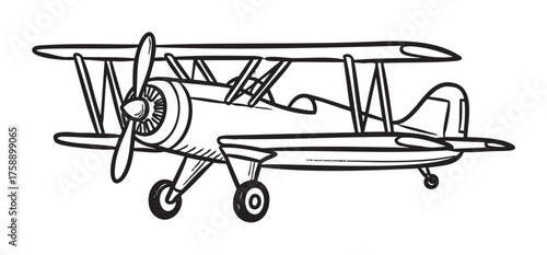 Black outline drawing of a vintage biplane with a propeller and double wings, highlighting its classic structure and design.