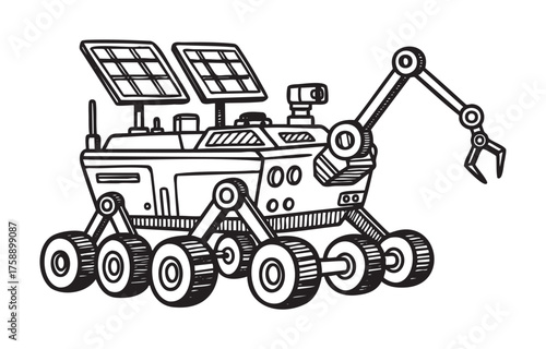 Black and white outline of a multi-wheeled exploration rover with solar panels and a robotic arm for planetary missions.