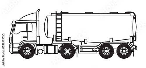 Black outline vector drawing of a tanker truck with a side view, showing a detailed chassis, cab, and cylindrical tank for liquid transportation.