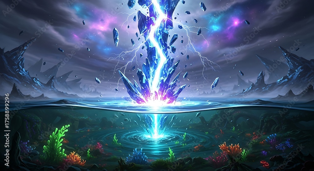 Obraz premium Underwater Lightning Strike - A Surreal Aquatic Phenomenon with Vibrant Colors.