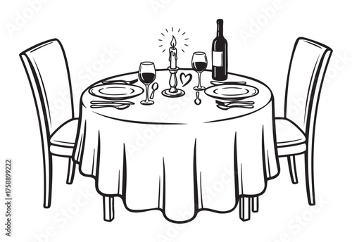 Black and white sketch of a romantic dinner setting with a round table, chairs, wine glasses, a bottle, plates, cutlery, and a lit candle.