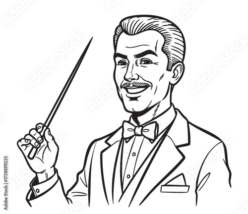 Black and white illustration of a smiling adult caucasian male conductor holding a baton, dressed in a suit with a bow tie.