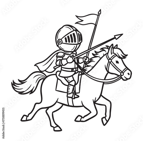 Black and white illustration of a medieval knight in armor riding a galloping horse while holding a lance.