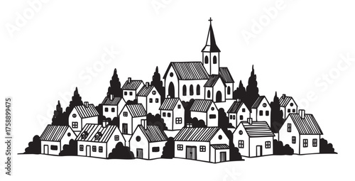 Black and white illustration depicting a quaint village on a hill, featuring a central church with a steeple and surrounded by trees and houses.
