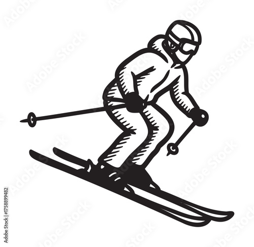 Black outline vector icon of a skier in motion wearing a helmet and goggles, showcasing dynamic downhill skiing on snow with poles.
