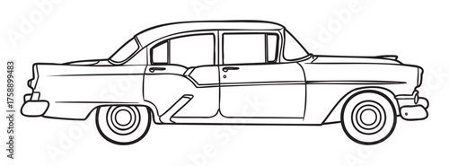 Black outline drawing of a classic vintage car with a prominent curved roof and distinct tail fins, showcasing mid-20th century automotive design.