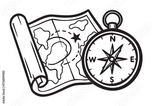 Black outline icon of a compass and map with geographic details, featuring a compass rose and a star marking a location.