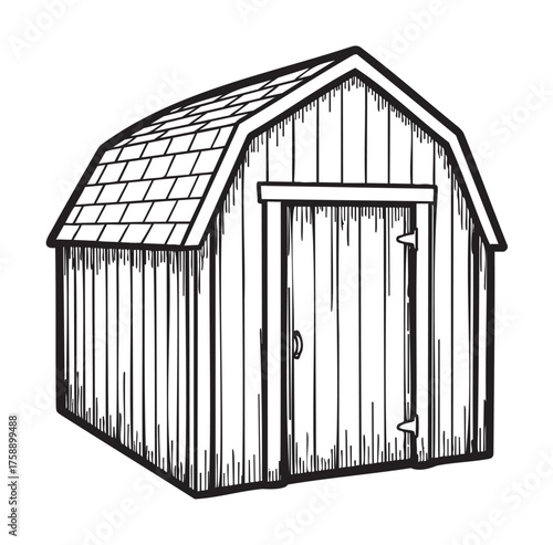 Black outline drawing of a simple wooden garden shed with a gable roof and visible shingles on its surface.