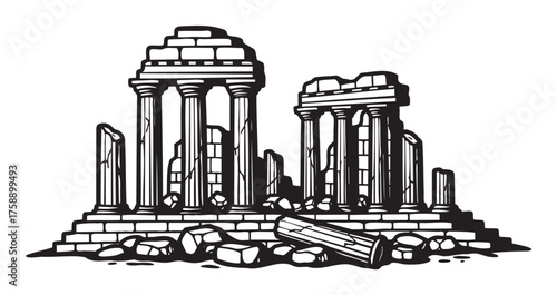 Black outline vector icon depicting the ruins of an ancient temple with columns and scattered stones, symbolizing historical architecture.
