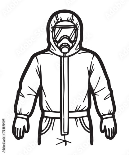 Black outline vector of a person wearing a hazmat suit with gloves, hood, and protective mask, prepared for hazardous conditions.