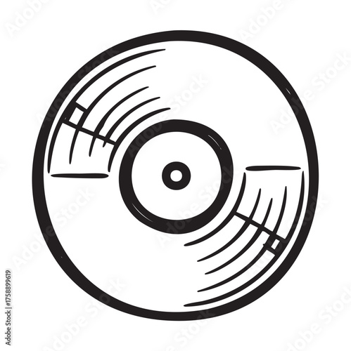 Black outline icon of a vintage vinyl record with visible grooves and a central hole for placement on a turntable spindle.
