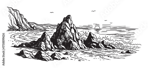 Black and white sketch of a rocky beach with sharp cliffs and ocean waves under a setting sun, with birds in the sky.