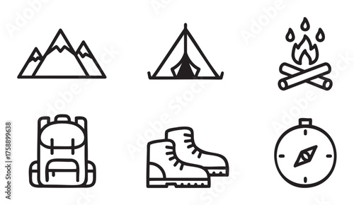 Black outline icons of mountain peaks, camping tent, campfire, backpack, hiking boots, and compass, representing outdoor adventure and travel essentials.