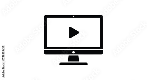 A modern computer monitor displaying a play button icon in a minimalist black silhouette on a white background