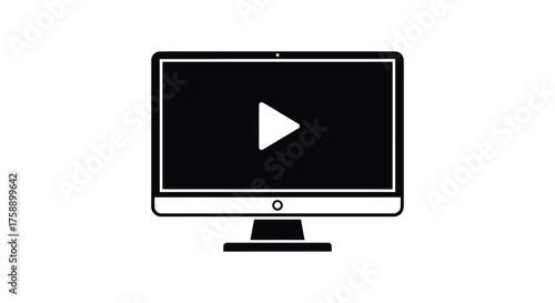 A simple black and white silhouette of a computer monitor displaying a white play button icon representing video playback silhouette