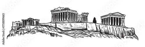 Black and white line drawing of the acropolis in athens, highlighting the ancient architectural structures on a rocky hilltop.
