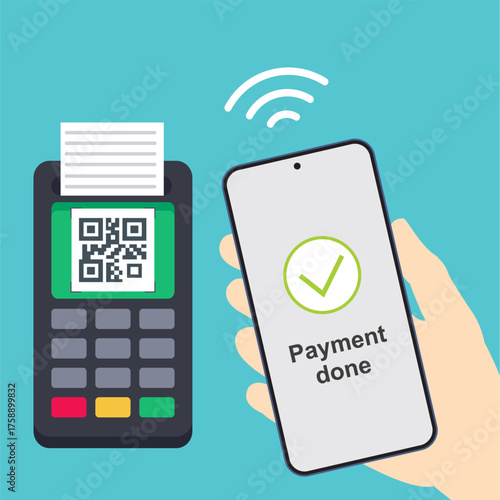 Smartphone payment terminal, machine contactless payment concept scanning qr code