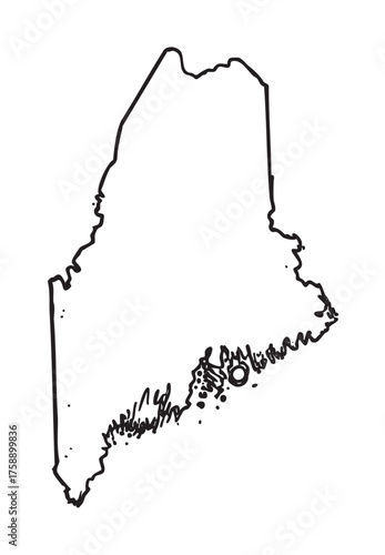 Black outline of the state of maine's boundary with detailed coastal and inland contours.