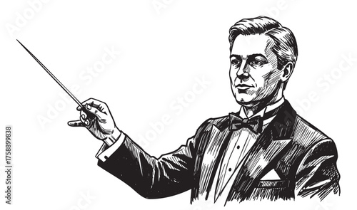 Black and white sketch of a caucasian male orchestra conductor in a tuxedo, holding a baton with a focused expression.