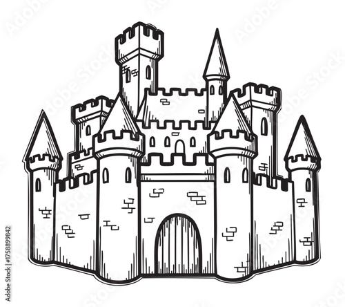 Black outline illustration of a medieval castle with towers and fortified walls in a detailed linear style.