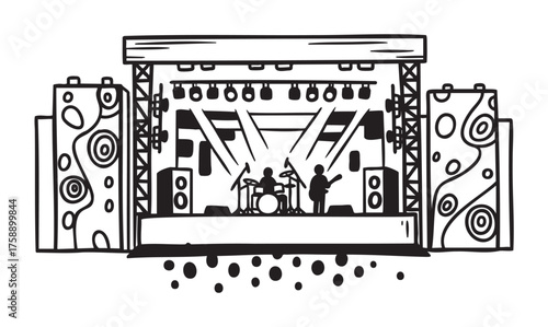 Black outline drawing of a live music stage setup with large speakers, lighting equipment, and a band performing.