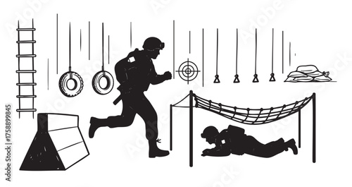 Black outline vector of a military training obstacle course with soldiers climbing and crawling through various challenges.
