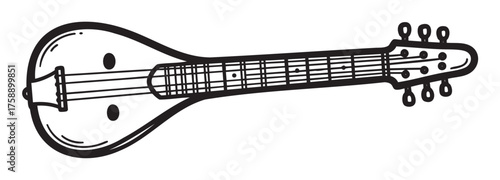 Black outline vector icon of a mandolin with a detailed neck and tuning pegs, illustrating a classic stringed instrument design.