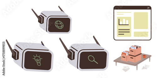 Three tech devices displaying global, search, and idea icons. File boxes and a browser reinforce digital data, exploration, and innovation. Ideal for tech, storage, creativity analysis research