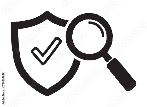 Black sketch-style icon of a security shield with a check mark and a magnifying glass intersecting the shield.