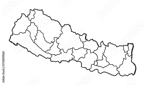 Black outline map of nepal showing its administrative divisions. simplified representation for educational and geographic purposes.