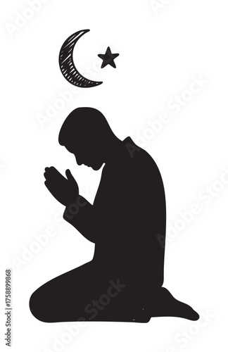 Silhouette of a kneeling male with hands in prayer, accompanied by a crescent moon and star above.