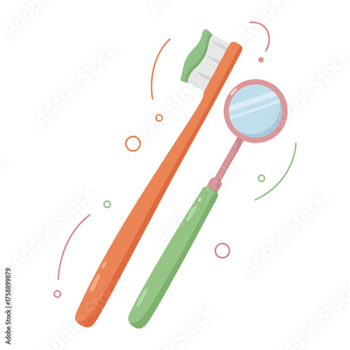 An illustration of a toothbrush with toothpaste and a dental mirror for oral hygiene.
