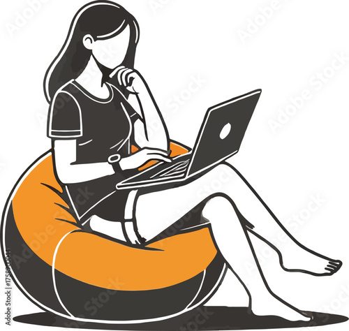 Woman sitting on beanbag chair using laptop working