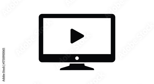 Simple black silhouette of a computer monitor displaying a play button icon on a white screen