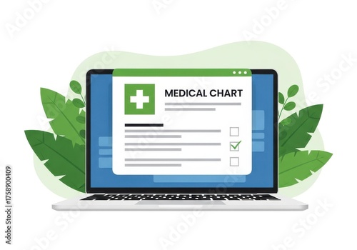 Medical chart displayed on laptop screen with check marks and green leaves design