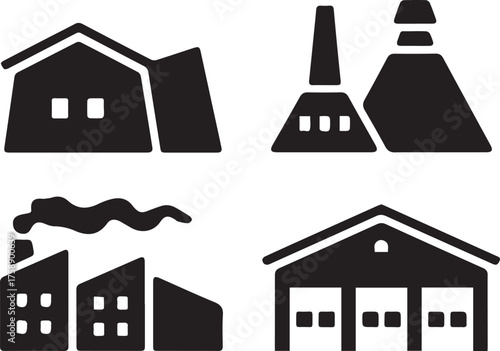 Industrial Building Icons: Factory, Warehouse, and Production Facility Vectors