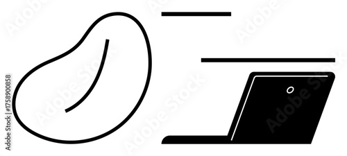 Organic bean-thumbs up shape paired with a sleek laptop silhouette. Ideal for innovation, balance, creativity, technology, design, nature-tech harmony, abstraction. A simple flat metaphor