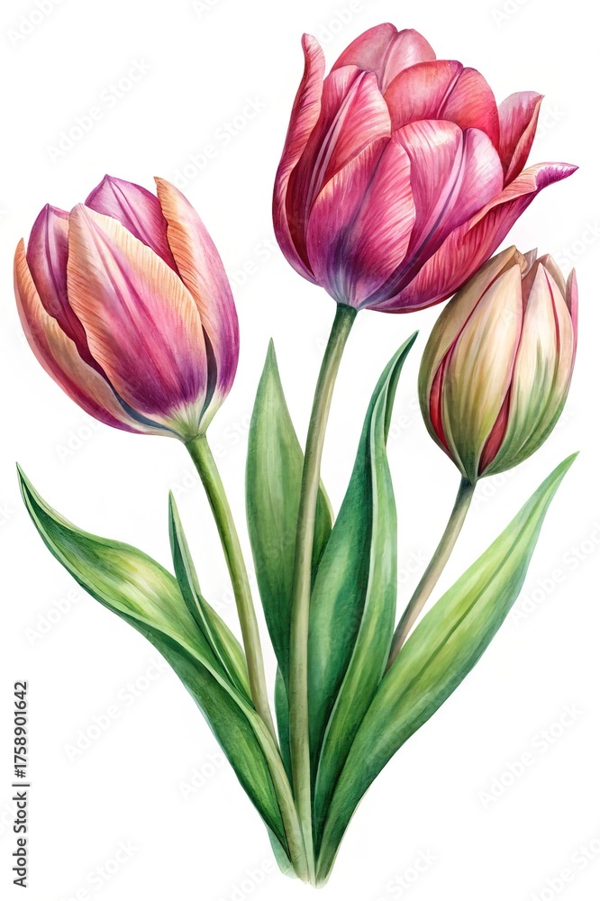 Fototapeta premium Elegant Watercolor Illustration of Three Colorful Tulips in Full Bloom on White
