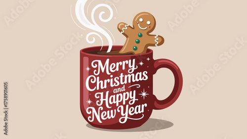 Gingerbread man in a mug of hot chocolate with merry christmas and happy new year message
