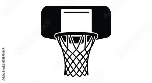 A stark black silhouette of a basketball hoop with net and backboard on a white background
