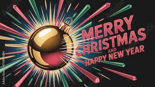 Golden christmas ornament with festive starburst and holiday greetings