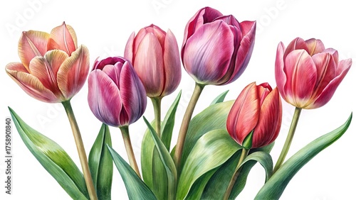 Beautiful watercolor painting of assorted colorful tulips, artistic botanical illustration against white