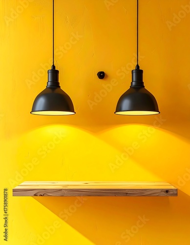 Yellow wall with wooden shelf and hanging lamps