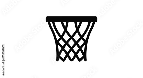 A stark black silhouette of a basketball hoop and net against a clean white background symbolizing sport and competition silhouette